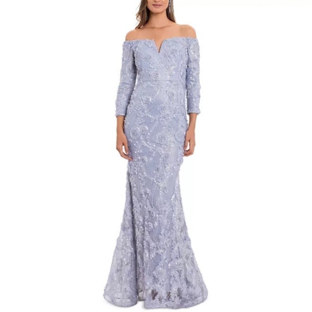 Xscape- Off-Shoulder Lavender/Blue Evening Gown - Elegant Lace Mermaid Dress - Picture 2 of 12